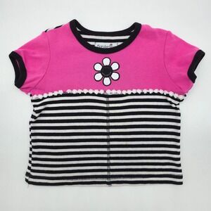 Vintage Girls Borderline Pink Black Stripe Flower Applique Top Kids Size 4